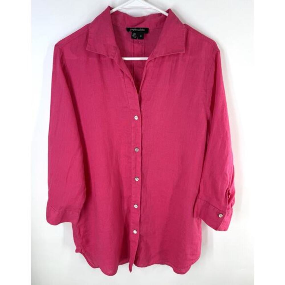 Paper White Top Women's 12 Pink Linen‎ Tunic Shirt Button Back Lagenlook